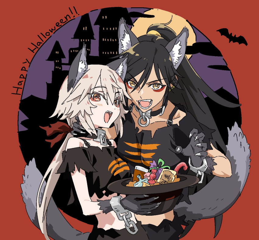 2girls, animal_ears, arakaki_issei, bat_(animal), black_hair, candy, castle, character_request