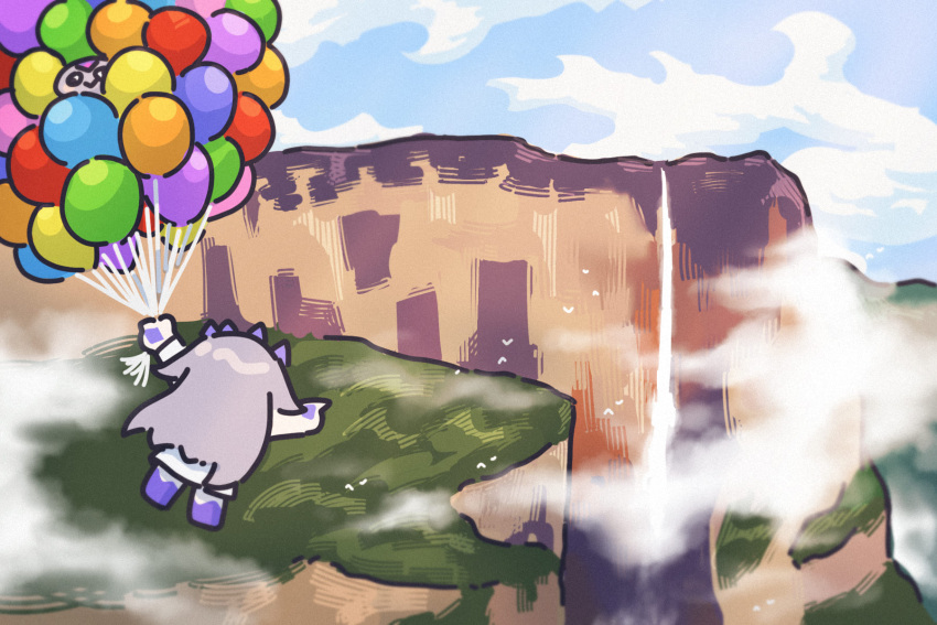 1girl, 1other, balloon, bing_huyue, canyon, chibi, clouds, cloudy_sky