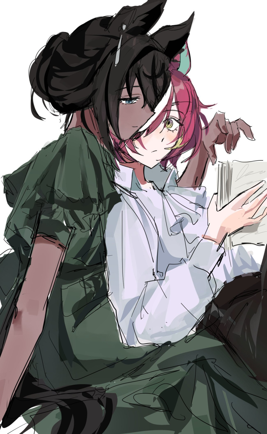 2girls, animal_ears, ascot, astronghouse, black_hair, blue_eyes, book, closed_mouth