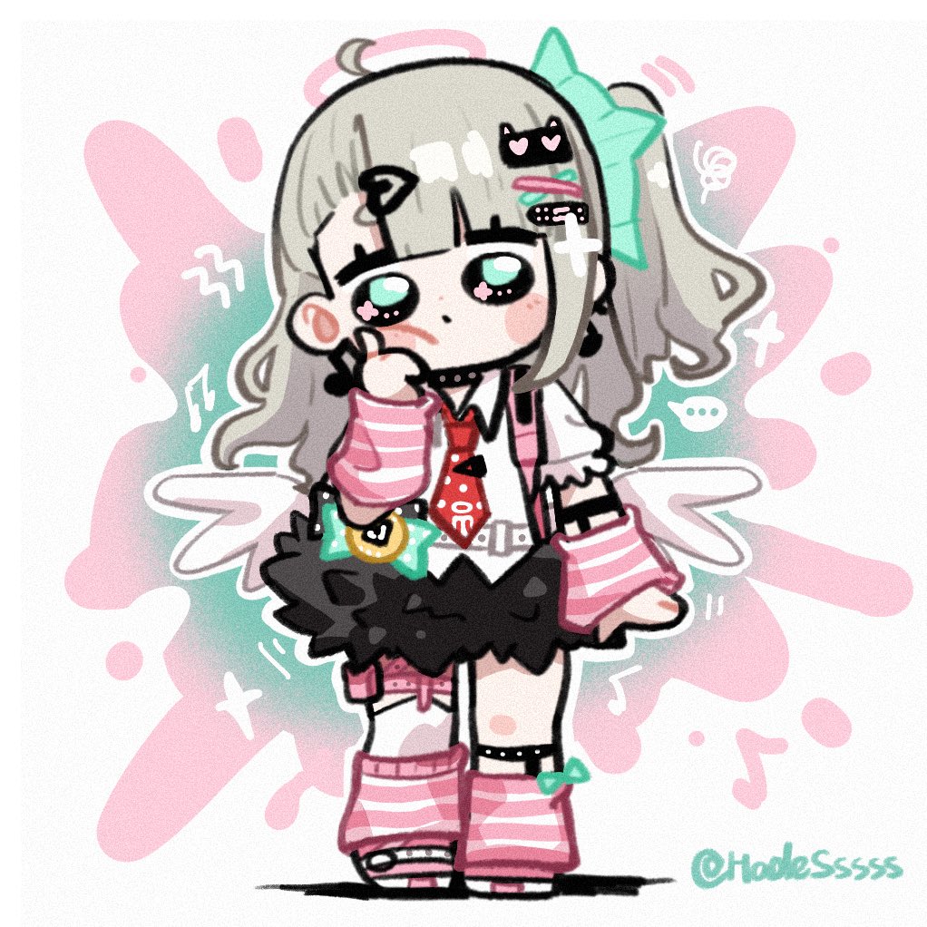 ..., 1girl, alternate_hair_color, autis_tic, bandaid, bandaid_hair_ornament, black_sclera, black_skirt, blush, bow, bright_pupils, chibi, chibi_only, chinatsu_remiel, colored_sclera, commentary_request, earrings, flower_in_eye, full_body, fur-trimmed_skirt, fur_trim, green_bow, green_eyes, grey_hair, hair_ornament, halo, hand_on_own_cheek, hand_on_own_face, head_tilt, jewelry, leg_warmers, long_hair, motion_lines, multiple_hair_clips, multiple_thigh_straps, musical_note, musical_note_earrings, necktie, open_mouth, pink_arm_warmers, pink_bag, pink_halo, pink_leg_warmers, polka_dot_necktie, print_necktie, red_necktie, ring_hair_ornament, shirt, skirt, solo, speech_bubble, splatter_background, squiggle, striped_arm_warmers, striped_leg_warmers, symbol_in_eye, tamagotchi_(virtual_pet), thick_eyebrows, twitter_username, virtual_pet_(toy), white_background, white_pupils, white_shirt, white_wings, winged_bag, wings, zenless_zone_zero