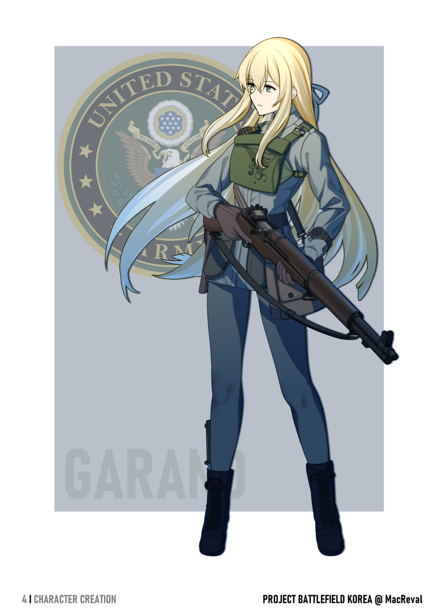 1girl, absurdres, bayonet, black_boots, blonde_hair, blue_ribbon, boots, brown_gloves