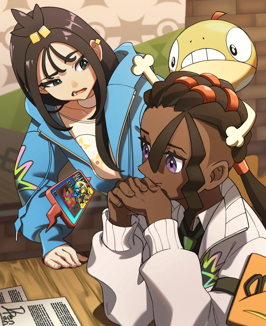 1boy, 1girl, absurdres, blue_hoodie, canari_(pokemon), choker, collarbone, commentary, cube_hair_ornament, dapenpan, dark-skinned_male, dark_skin, earclip, eyelashes, hair_ornament, hands_up, highres, hood, hood_down, hoodie, indoors, interlocked_fingers, jacket, lida_(pokemon), long_hair, long_sleeves, naveen_(pokemon), on_head, open_mouth, paper, pokemon, pokemon_(creature), pokemon_legends:_z-a, pokemon_on_head, rotom, rotom_phone, scraggy, tassel, topknot, violet_eyes, watching, white_choker