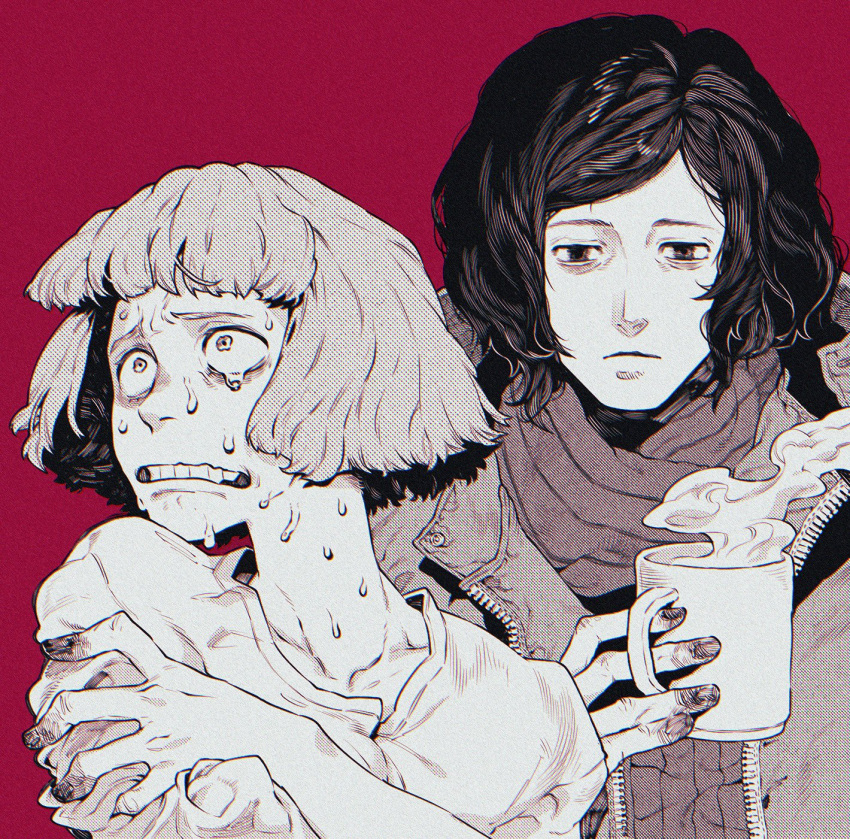 1boy, 1girl, black_hair, blood, blood_on_hands, blunt_bangs, bob_cut, cashier_girl_(no_i'm_not_a_human), clenched_teeth, closed_mouth, coat, coat_guy_(no_i'm_not_a_human), cup, hands_on_own_arms, highres, holding, holding_cup, mug, no_i'm_not_a_human, norasame_(dagako), parted_hair, partially_colored, red_background, scarf, shirt, short_hair, simple_background, smoke, smoke_trail, sweat, sweater, teeth, trembling, white_shirt, wide-eyed