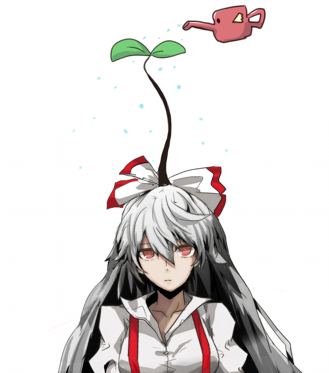 bad_id, bow, flat_gaze, flower, flower_on_head, fujiwara_no_mokou, fungus, hair_bow