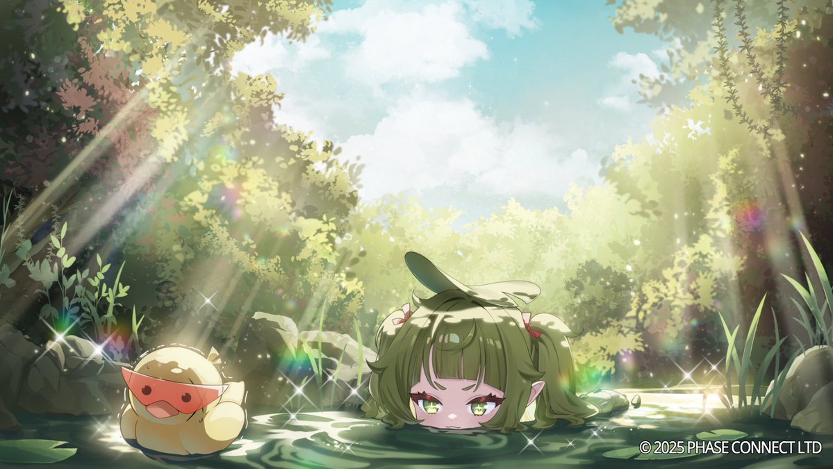 1girl, bird, closed_mouth, clouds, copyright_notice, duck, feral_instincts, green_eyes, green_hair, gyool, hair_ribbon, lily_pad, moon_phases, nitya_nil, orange-tinted_eyewear, phase_connect, red_ribbon, ribbon, sky, sparkle, tinted_eyewear, tree, virtual_youtuber, water