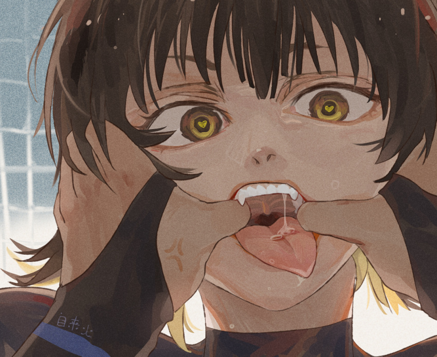 2boys, anger_vein, bachira_meguru, black_hair, blonde_hair, blue_lock, blue_lock_bodysuit, commentary_request, fangs, heart, heart-shaped_pupils, male_focus, mouth_pull, multicolored_hair, multiple_boys, open_mouth, saliva, short_hair, solo_focus, symbol-shaped_pupils, teeth, tongue, tongue_out, two-tone_hair, yellow_eyes, zilaihuoye