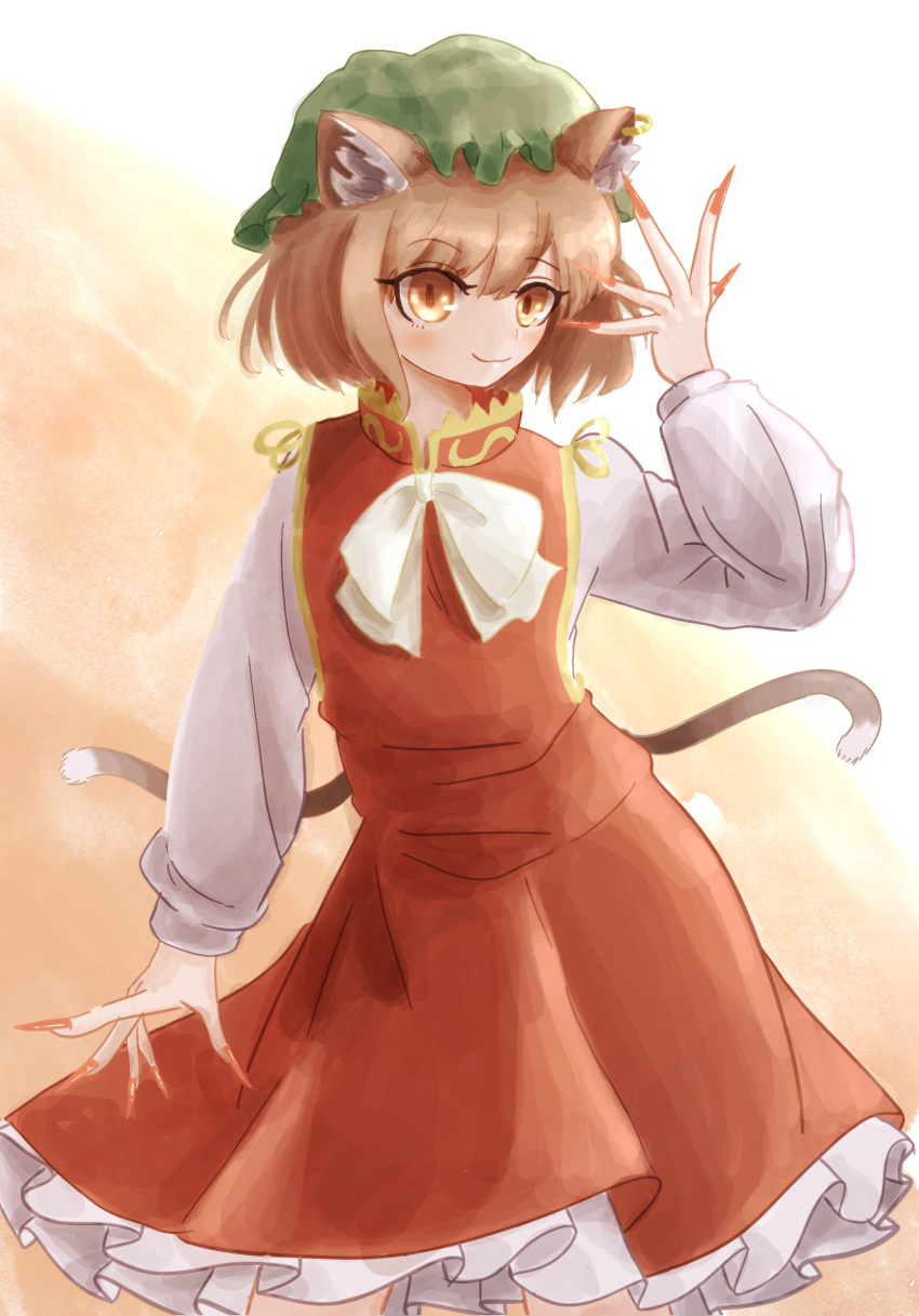 1girl, animal_ear_fluff, animal_earrings, animal_ears, blush, bow, bowtie, brown_hair, cat_ears, cat_girl, cat_tail, chen, commentary, dress, fingernails, frilled_hat, frills, green_hat, hat, highres, long_fingernails, long_sleeves, looking_at_viewer, luan_ib, mob_cap, multiple_tails, nail_polish, orange_dress, petticoat, red_nails, shirt, short_hair, smile, solo, tail, touhou, two_tails, white_bow, white_bowtie, white_shirt