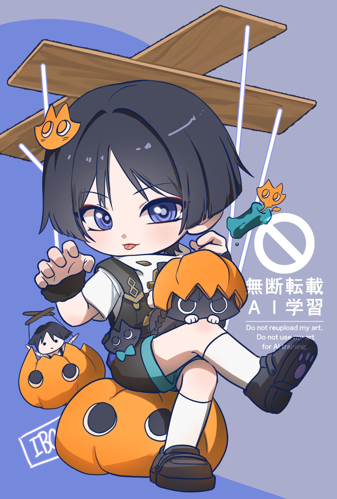 1boy, 49ibo240, animal_on_lap, animalization, aqua_trim, artist_name, black_cat, black_hair