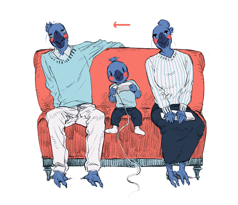 1boy, 2girls, animal_feet, bird, bird_boy, bird_girl, blue_feathers, blue_sweater