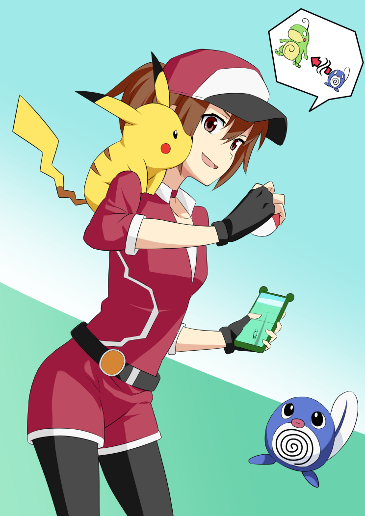 1girl, :d, aqua_background, arrow_(symbol), baseball_cap, belt, black_belt, black_gloves