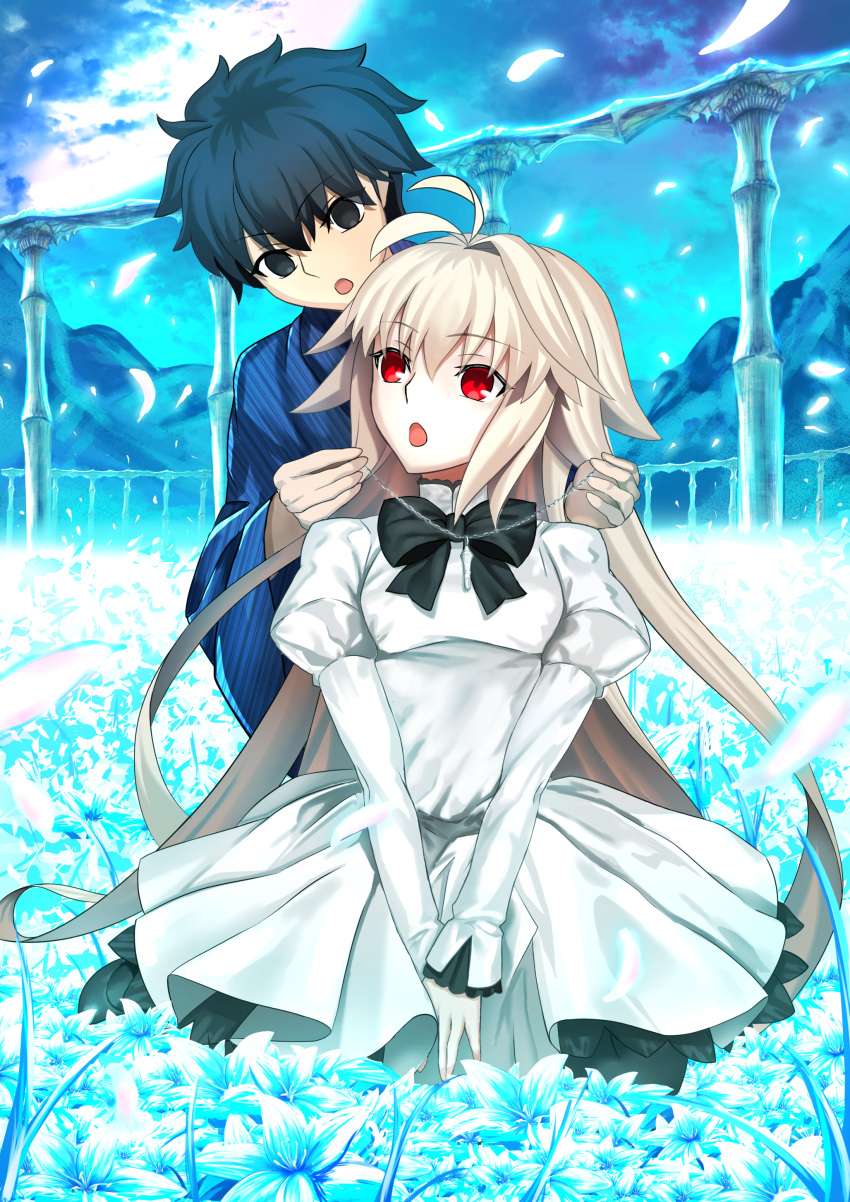 1boy, 1girl, absurdres, arcueid_brunestud, blonde_hair, dress, eco-arc, harukey