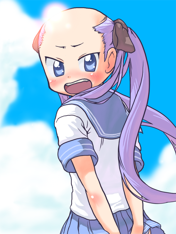 1girl, alternate_hairstyle, bald, bald_female, balding, blue_eyes, blue_sailor_collar, blue_skirt, blue_sky, blush, bow, brown_bow, clouds, commentary_request, day, glint, hair_bow, hiiragi_kagami, long_hair, looking_at_viewer, looking_back, lucky_star, okui_misohiko, open_mouth, outdoors, pleated_skirt, purple_hair, sailor_collar, school_uniform, serafuku, shirt, short_sleeves, skirt, sky, solo, twintails, upper_body, white_shirt