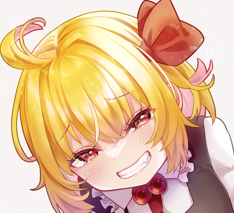 1girl, ahoge, black_vest, blonde_hair, bow, collar, fang, frilled_collar, frills, grin, hair_bow, half-closed_eyes, light_blush, looking_at_viewer, red_bow, red_eyes, rumia, sakuyabm, shirt, smile, smug, solo, touhou, upper_body, vest, white_shirt