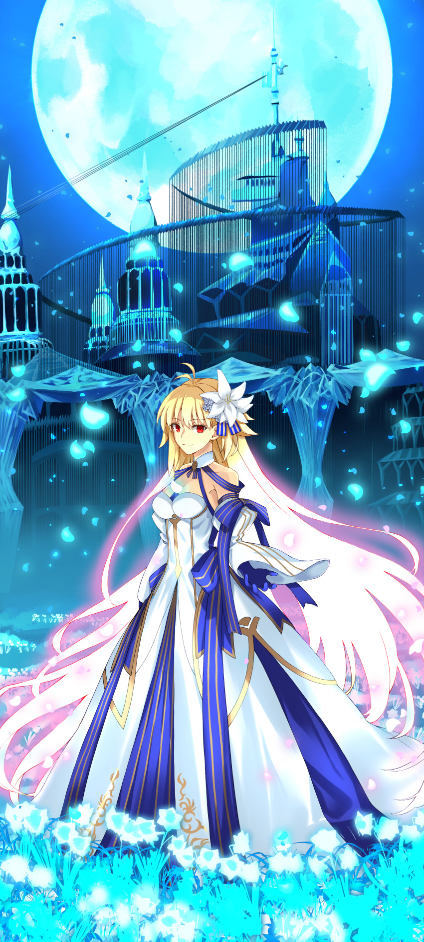 1boy, 1girl, absurdres, archetype_earth, arcueid_brunestud, blonde_hair, breasts, dress, fate/grand_order, fate_(series), highres, large_breasts, marble_phantasm, millennium_castle_(tsukihime), moon, red_eyes, white_dress, yu_sa1126
