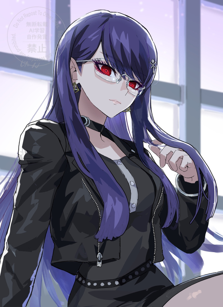 1girl, adjusting_hair, black_choker, black_dress, black_jacket, black_shirt, black_skirt, breasts