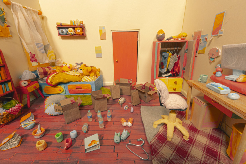 absurdres, alarm_clock, animal_slippers, bed, bedroom, book, bookshelf, bottle, box, calendar_(object), cardboard_box, carpet, chair, clock, clothes_hanger, commentary, computer_keyboard, computer_mouse, cup, curtains, desk, diorama_(medium), door, english_commentary, grem_(gigi_murin), headphones, headset, highres, hololive, hololive_english, i'll_still_be_here, indoors, izzy_delore, lamp, making-of, mug, nightstand, no_humans, office_chair, official_art, photo_(medium), pillow, poster_(object), shelf, slippers, still_life, string_of_photos, stuffed_animal, stuffed_toy, swivel_chair, trash_can, unconventional_media, virtual_youtuber, wardrobe, water_bottle, window