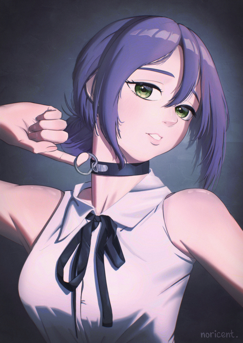 1girl, absurdres, black_ribbon, chainsaw_man, collared_shirt, gradient_background, green_eyes, grenade_pin, grey_background, hair_between_eyes, highres, looking_at_viewer, neck_ribbon, nori_cent, purple_hair, reze_(chainsaw_man), ribbon, shirt, sleeveless, sleeveless_shirt, solo, white_shirt