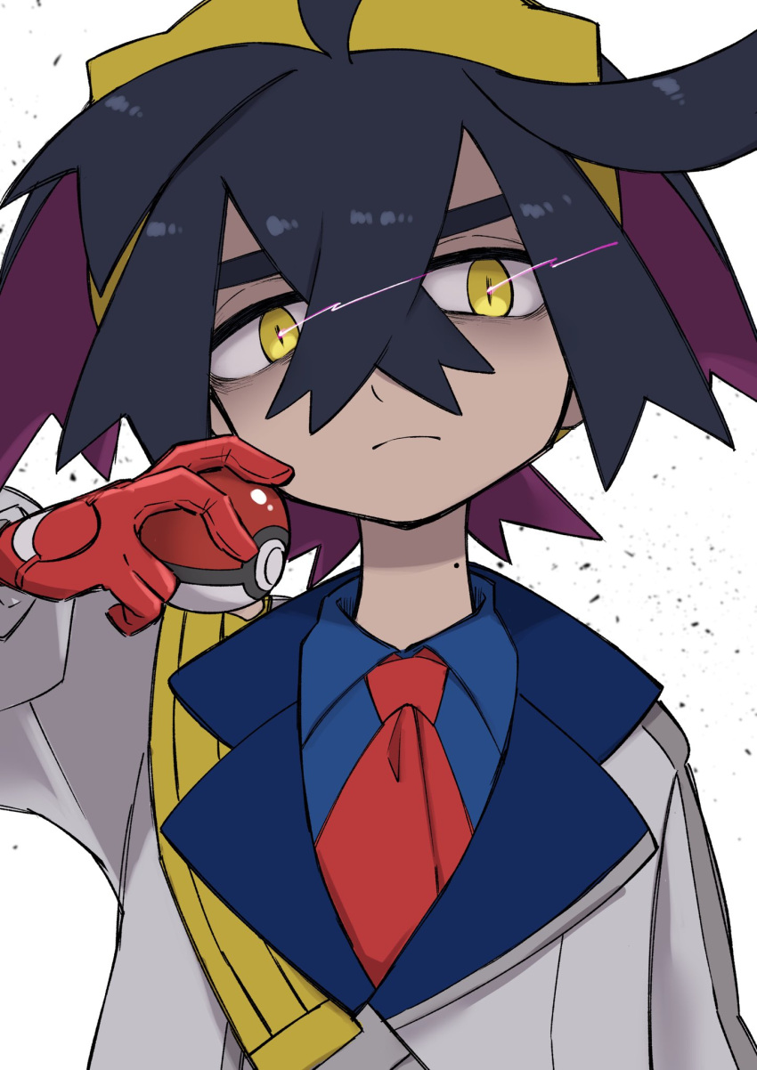 1boy, arm_up, ayakadegozans, black_hair, blue_shirt, closed_mouth, collared_shirt, commentary_request
