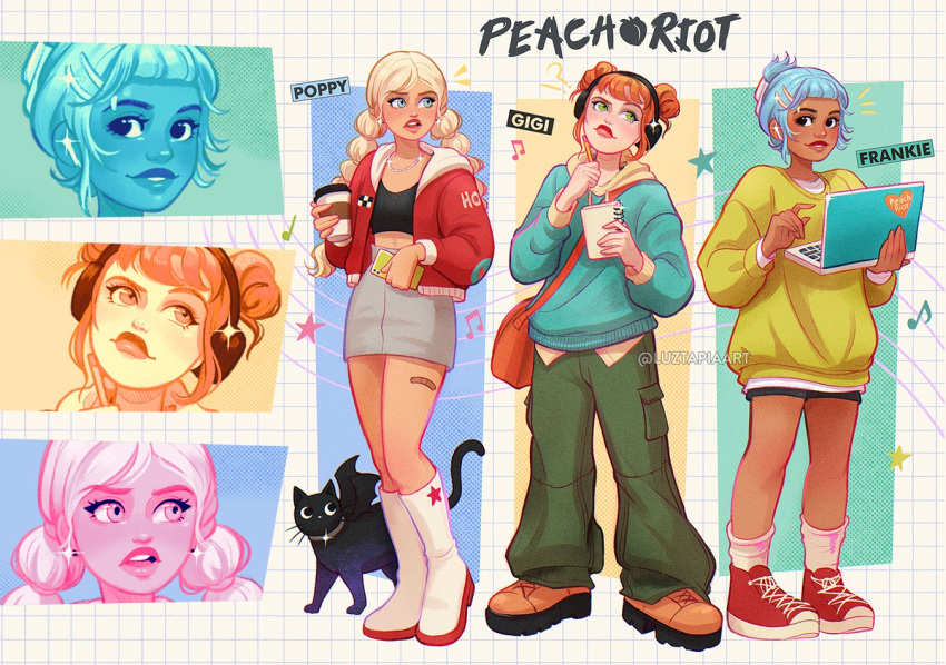 3girls, aqua_hair, artist_name, baggy_pants, black_cat, black_sports_bra, blonde_hair, blue_eyes, blue_hoodie, boots, brown_boots, cat, character_name, computer, dark-skinned_female, dark_skin, frankie_(peach_riot), gigi_(peach_riot), green_eyes, green_pants, grey_skirt, headphones, holding, holding_laptop, hood, hoodie, jacket, laptop, long_hair, luztapiaart, multiple_girls, open_clothes, open_jacket, orange_hair, pants, peach_riot_(popmart), poppy_(peach_riot), red_jacket, red_shoes, shoes, skirt, socks, sports_bra, twintails, white_boots, white_socks, yellow_jacket