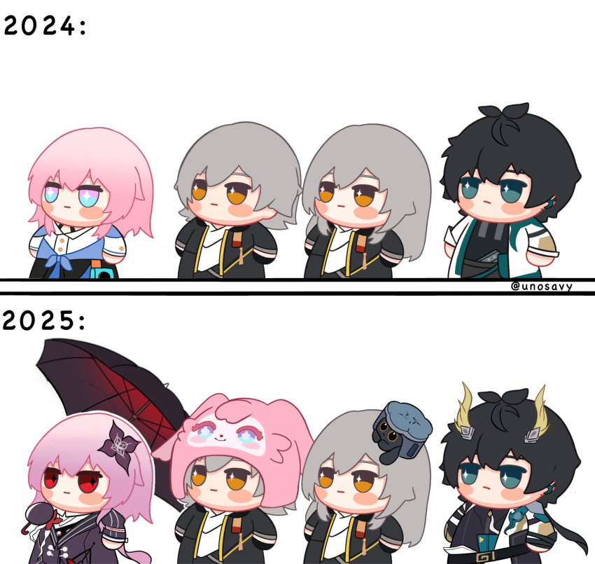 2024, 2025, 2boys, 2girls, antenna_hair, armor, artist_name, belt, black_belt, black_coat, black_dress, black_gloves, black_hair, black_jacket, black_pants, black_shirt, black_skirt, blue_eyes, blue_jacket, blush_stickers, border, buttons, caelus_(honkai:_star_rail), cake_cat_(honkai:_star_rail), camera, character_hat, chibi, chibi_only, chinese_clothes, closed_mouth, clothes_around_waist, coat, collared_shirt, dan_heng_(honkai:_star_rail), dan_heng_(permansor_terrae)_(honkai:_star_rail), dragon_boy, dragon_horns, dress, dual_persona, earclip, empty_eyes, english_commentary, evernight_(honkai:_star_rail), flower, flower_ornament, gloves, grey_hair, hair_between_eyes, hair_flower, hair_ornament, hand_up, hat, highres, holding, holding_umbrella, honkai:_star_rail, honkai_(series), horns, jacket, lapels, long_hair, long_sleeves, low_ponytail, low_twintails, march_7th_(honkai:_star_rail), mem_(honkai:_star_rail), mini_hat, multicolored_eyes, multiple_boys, multiple_girls, multiple_views, official_alternate_costume, official_alternate_hairstyle, open_clothes, open_coat, open_jacket, orange_eyes, pants, pink_eyes, pink_hair, pointy_ears, ponytail, purple_flower, red_flower, shirt, short_hair, shoulder_armor, single_glove, skirt, sparkling_eyes, standing, stelle_(honkai:_star_rail), t-shirt, tassel, tied_jacket, trailblazer_(honkai:_star_rail), trailblazer_(trash_cake)_(honkai:_star_rail), twintails, two-tone_dress, umbrella, unosaki2, upper_body, white_border, white_coat, white_dress, white_shirt