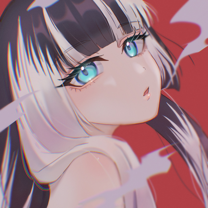 1girl, bare_shoulders, black_hair, blue_eyes, blunt_bangs, highres, hololive, juufuutei_raden