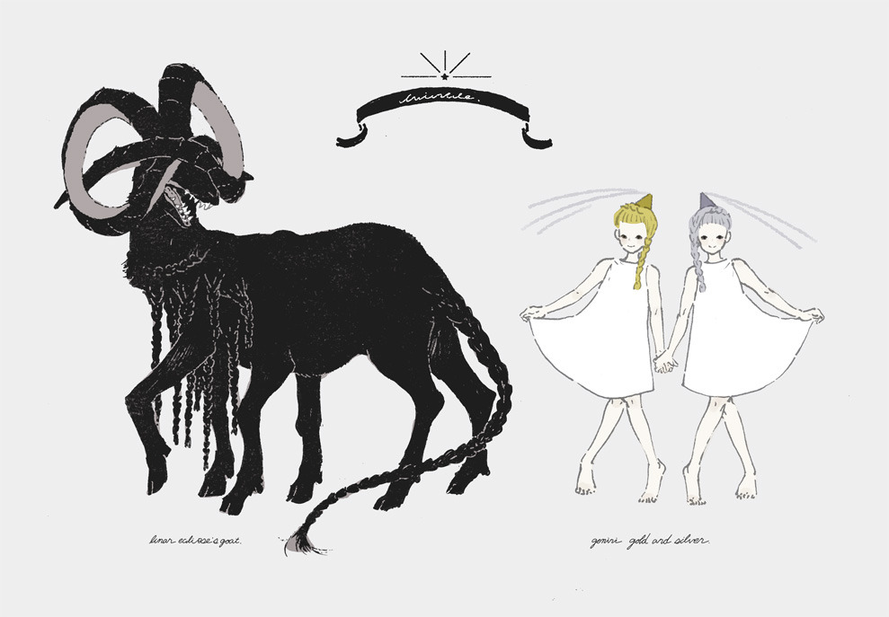 2girls, blonde_hair, braided_fur, dress, english_text, full_body, goat, grey_background