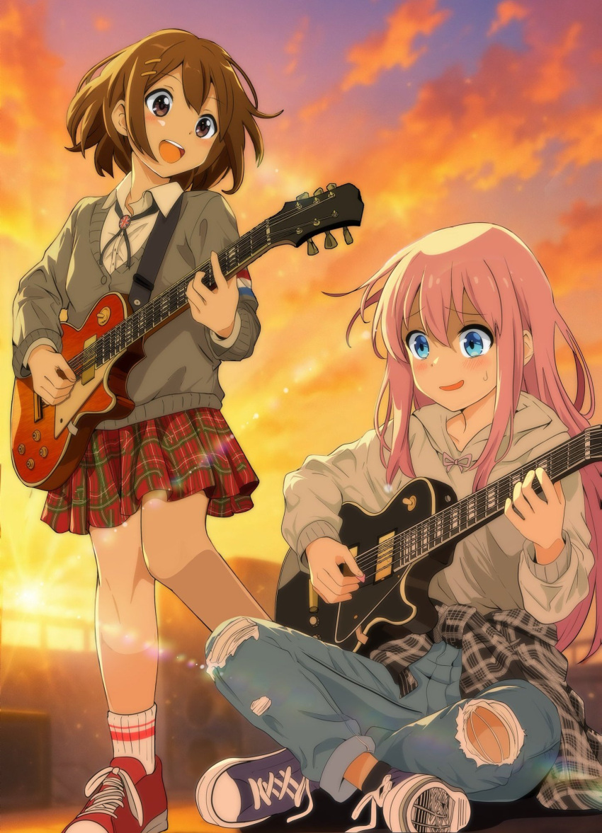 2girls, :d, black_ribbon, blue_eyes, blue_shoes, blurry, blurry_background, blush, bocchi_the_rock!, brown_eyes, brown_hair, cardigan, clouds, commentary_request, crossover, denim, electric_guitar, full_body, furrowed_brow, gotoh_hitori, grey_cardigan, grey_sweater, guitar, hair_ornament, hairclip, highres, hirasawa_yui, holding, holding_instrument, hood, hood_down, hooded_sweater, indian_style, instrument, jeans, k-on!, laika2slip, lens_flare, long_sleeves, multiple_girls, music, neck_ribbon, orange_sky, outdoors, pants, parallel_hairclips, parted_lips, pink_hair, plaid_clothes, plaid_skirt, playing_instrument, pleated_skirt, red_shoes, red_skirt, ribbon, shirt, shoe_soles, shoes, short_hair, sitting, skirt, sky, smile, sneakers, socks, standing, sunset, sweater, torn_clothes, torn_pants, white_shirt, white_socks, yellow_sky