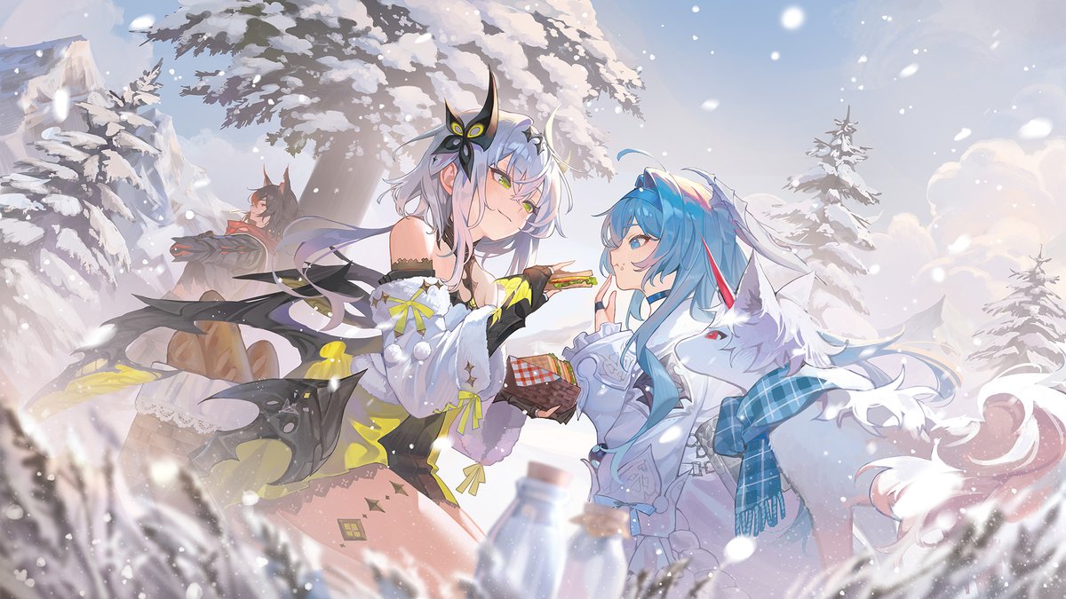 1boy, 2girls, against_tree, ahoge, animal_ears, baguette, black_gloves, black_hair, blue_eyes, blue_hairband, blue_scarf, blue_sky, blurry, bread, chyoel, commentary_request, depth_of_field, detached_sleeves, dress, duet_night_abyss, eating, fina_(duet_night_abyss), fingerless_gloves, food, gloves, green_eyes, hair_intakes, hair_ornament, hairband, holding, holding_food, holding_sandwich, looking_at_another, multiple_girls, outsider_(duet_night_abyss), plaid_clothes, plaid_scarf, profile, psyche_(duet_night_abyss), red_hair, sandwich, scarf, sky, snow, tree, white_hair, white_sleeves