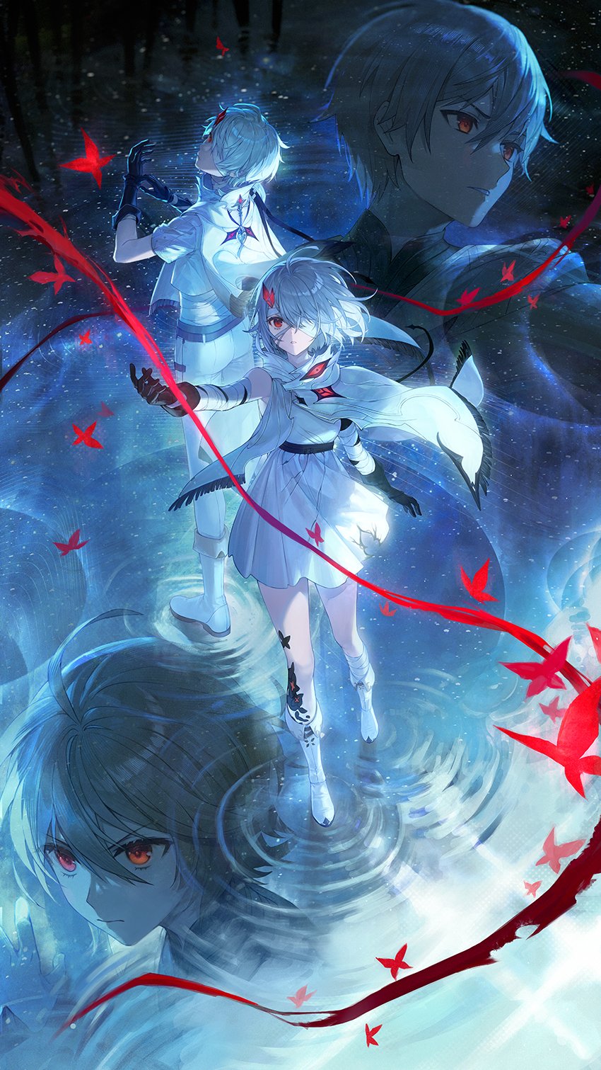1boy, 1girl, ahoge, bandage_over_one_eye, bandaged_leg, bandages, black_gloves, boots