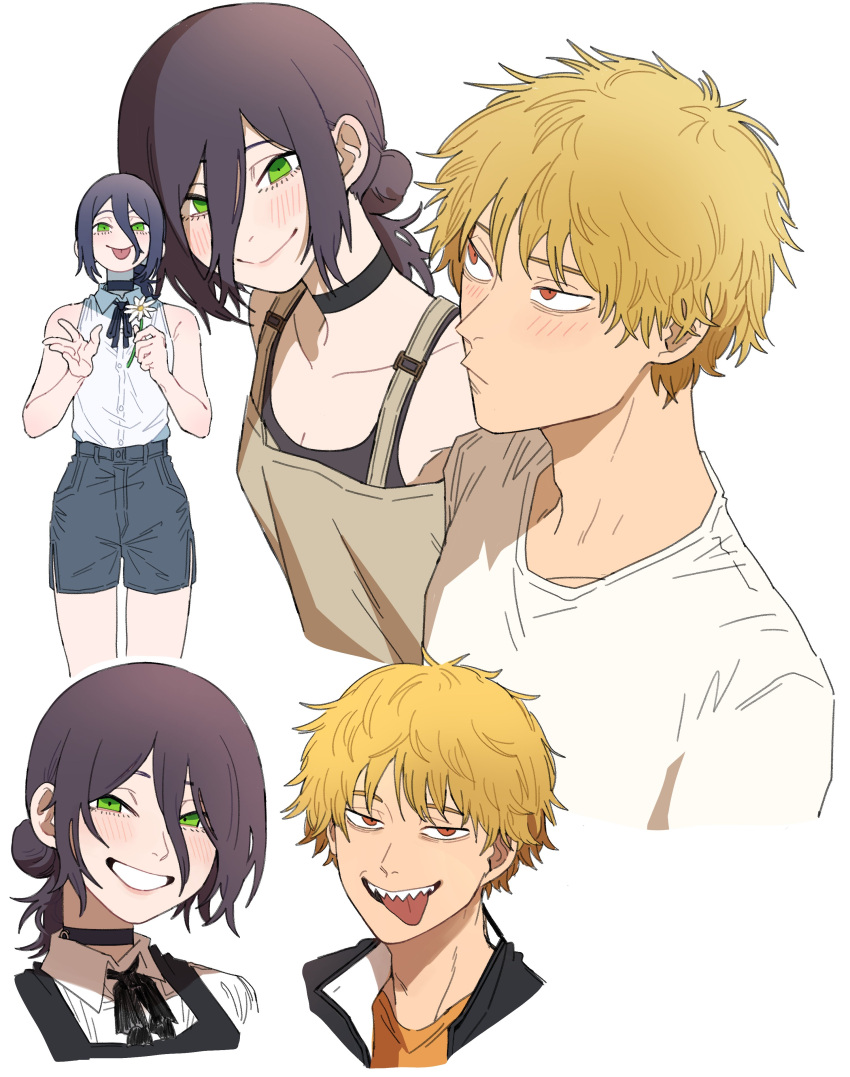 1boy, 1girl, absurdres, apron, black_choker, black_dress, black_ribbon, blonde_hair, blue_shorts, chainsaw_man, choker, denji_(chainsaw_man), dress, flower, fourth_east_high_school_uniform, gakuran, ginseng_(xin), green_eyes, grey_apron, grin, hair_between_eyes, hair_bun, highres, holding, holding_flower, neck_ribbon, pinafore_dress, purple_hair, red_eyes, reze_(chainsaw_man), ribbon, school_uniform, sharp_teeth, shirt, shirt_tucked_in, short_hair, shorts, simple_background, sleeveless, sleeveless_dress, sleeveless_shirt, smile, teeth, tongue, tongue_out, white_background, white_flower, white_shirt