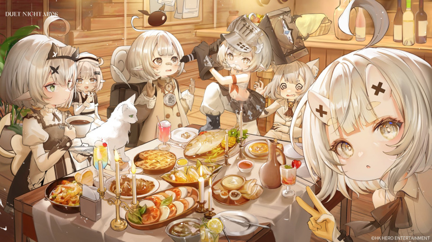 6+girls, @_@, ahoge, bandaid, bandaid_on_face, bell, black_ribbon, bottle