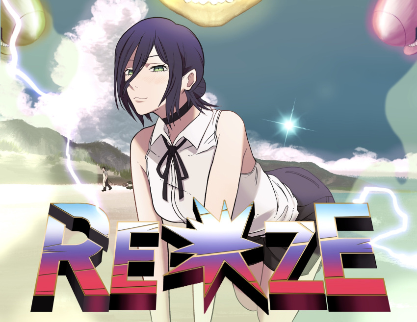 1girl, 2girls, absurdres, beach, black_choker, black_ribbon, blue_sky, bomb_devil_(chainsaw_man)