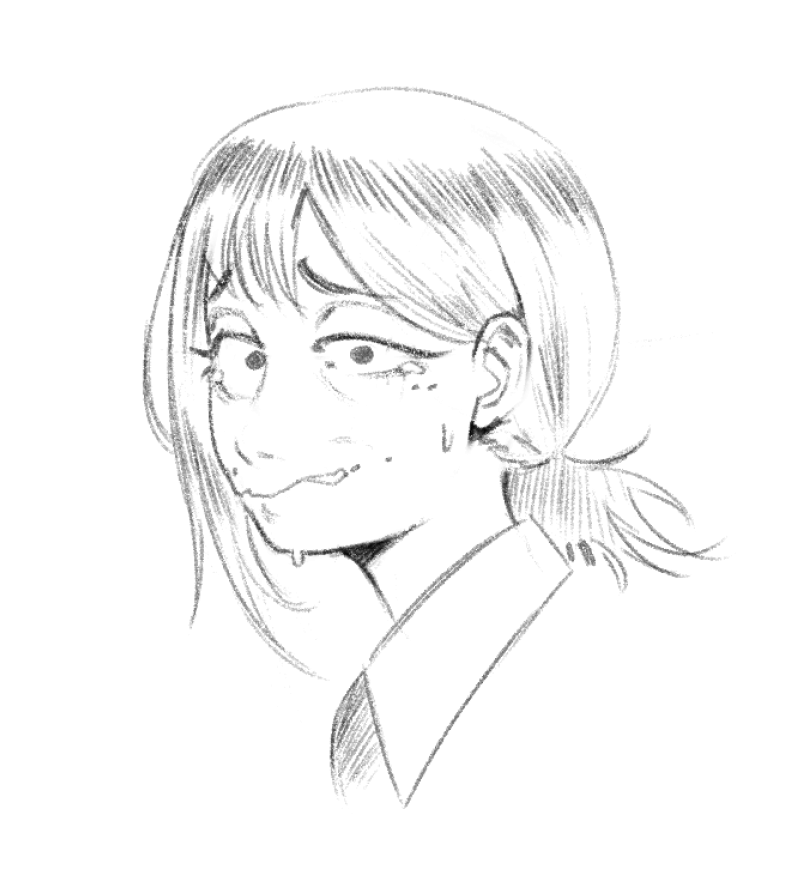 1girl, certifiedham, chainsaw_man, greyscale, higashiyama_kobeni, mole, mole_under_eye, monochrome, multiple_moles, ponytail, short_ponytail, single_sidelock, solo, sweat, tearing_up