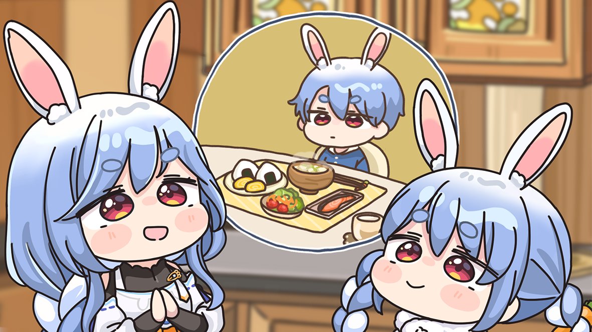 1boy, 2girls, :d, animal_ear_fluff, animal_ears, blue_hair, blue_shirt, blurry, blurry_background, bowl, braid, brother_and_sister, chibi, chopsticks, closed_mouth, collared_shirt, depth_of_field, don-chan_(usada_pekora), dress, food, hair_between_eyes, hololive, indoors, mochimiko, mother_and_daughter, mother_and_son, multicolored_hair, multiple_girls, onigiri, palms_together, pekomama, pekomama_(1st_costume), plate, rabbit_ears, red_eyes, shirt, short_eyebrows, siblings, smile, steam, thick_eyebrows, twin_braids, twintails, two-tone_hair, usada_pekora, usada_pekora_(1st_costume), virtual_youtuber, white_dress, white_hair
