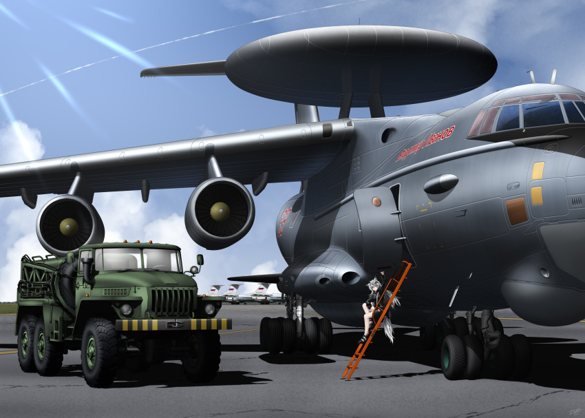 1girl, a-50_mainstay, absurdres, aircraft, airfield, animal_ear_fluff, animal_ears, arknights