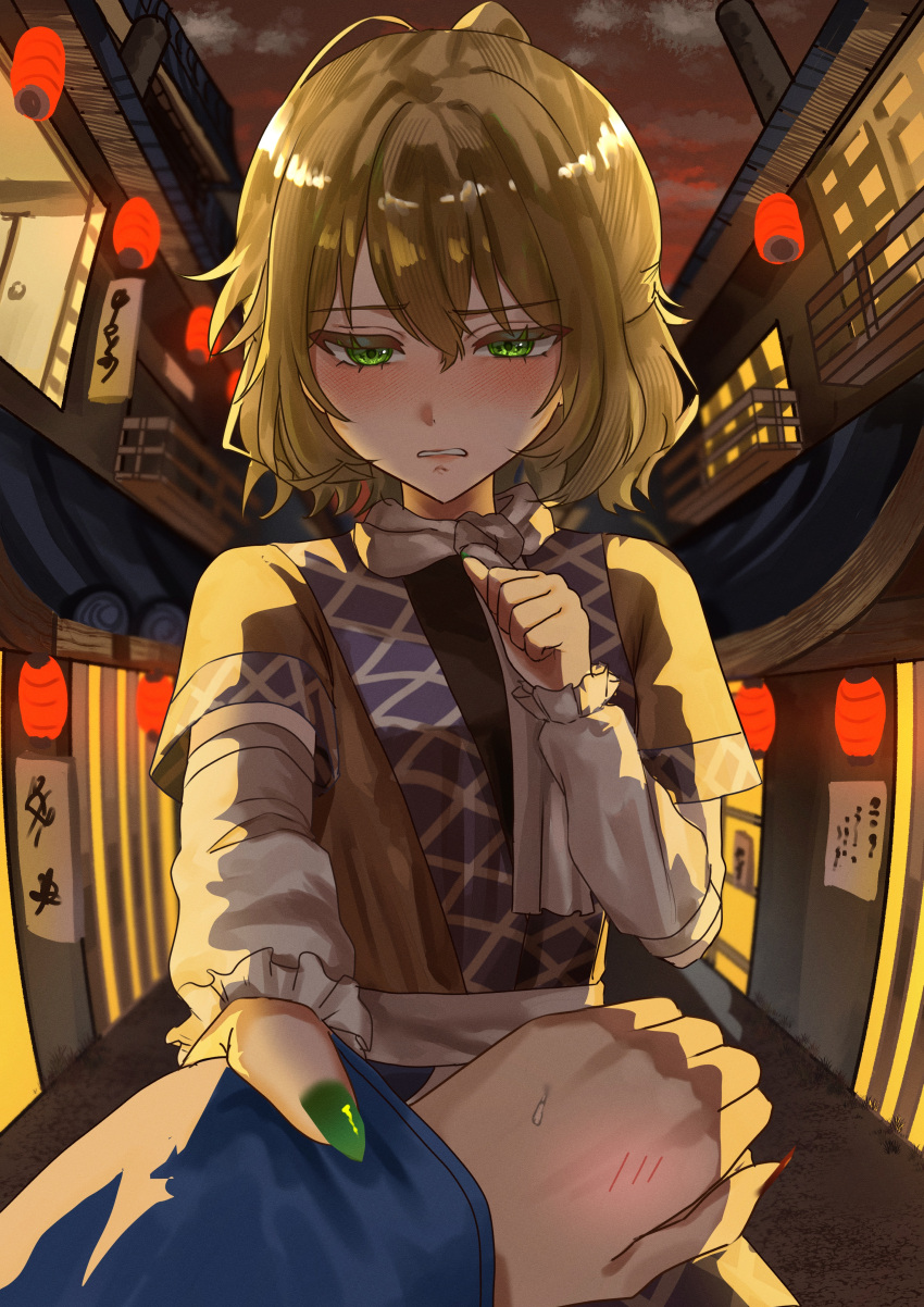 2girls, absurdres, architecture, arm_warmers, black_skirt, blonde_hair, blush, brown_shirt