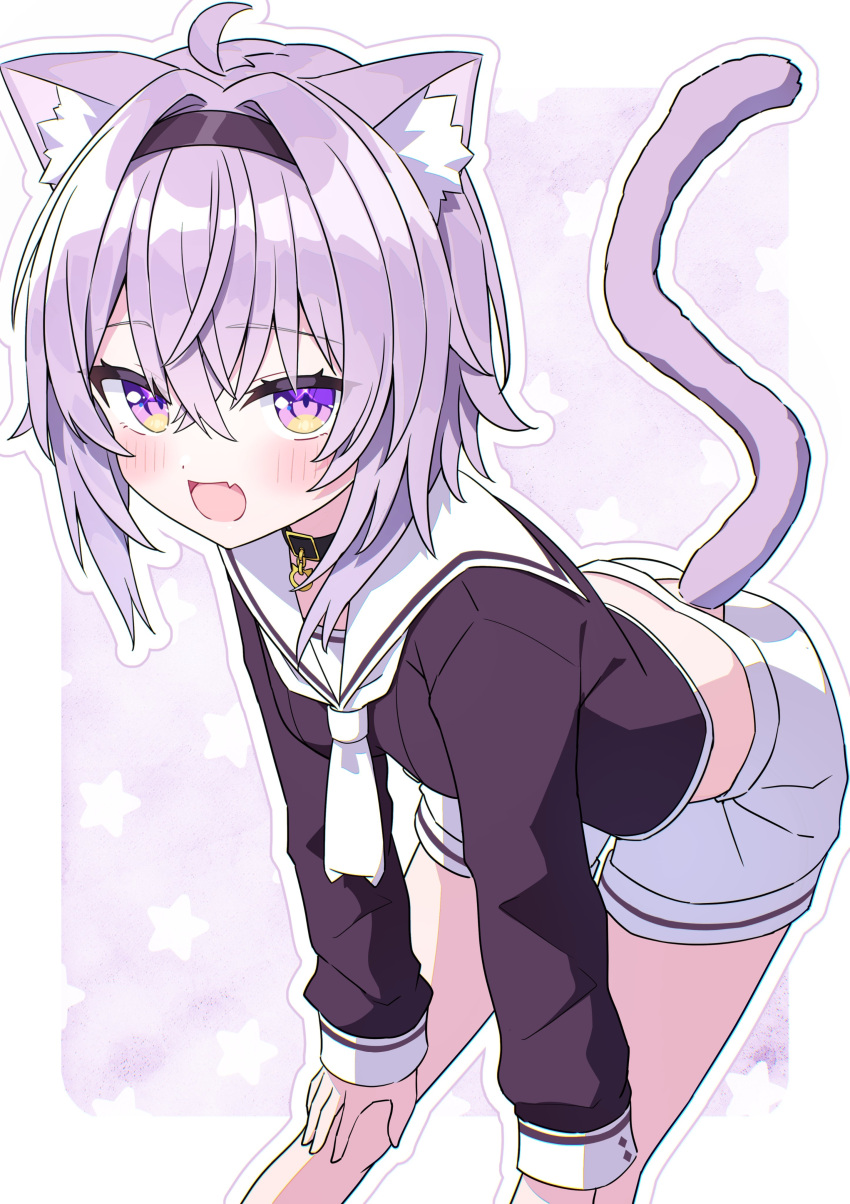 1girl, :d, absurdres, ahoge, animal_ear_fluff, animal_ears, black_choker, black_hairband, black_shirt, blush, border, cat_choker, cat_ears, cat_girl, cat_tail, choker, commentary_request, dot_nose, fang, feet_out_of_frame, hair_between_eyes, hair_intakes, hairband, hands_on_own_knees, highres, hololive, kaie, leaning_forward, looking_at_viewer, necktie, nekomata_okayu, nekomata_okayu_(school_uniform), official_alternate_costume, open_mouth, outline, outside_border, purple_background, purple_hair, sailor_collar, school_uniform, serafuku, shirt, short_hair, shorts, skin_fang, smile, solo, standing, star_(symbol), star_symbol_background, tail, violet_eyes, virtual_youtuber, white_border, white_necktie, white_outline, white_sailor_collar, white_shorts