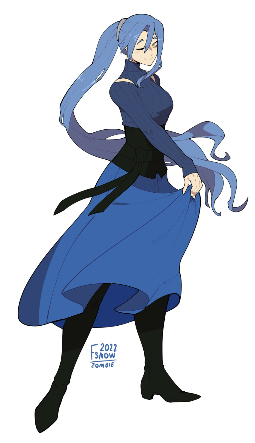 1girl, absurdres, artist_logo, artist_name, blue_hair, boots, commission, dated