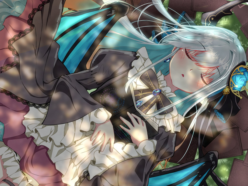 1girl, black_bow, black_dress, blue_wings, blush, book, bow, butterfly_hair_ornament