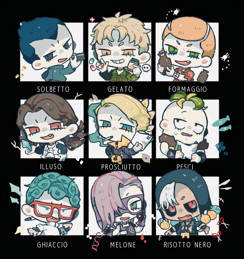 6+boys, black_hood, black_jacket, blindfold, blonde_hair, blood, blue_eyes, blue_hair, bottle, bracelet, brown_hair, bullet, character_name, chibi, chibi_only, cigarette, colored_blindfold, curtained_hair, dna, evil_grin, evil_smile, fang, formaggio, gelato_(jojo), ghiaccio, glass_shard, glass_shards, glasses, gloves, green_eyes, green_hair, grin, hair_over_one_eye, highres, holding, holding_bottle, holding_paper, illuso, jacket, jewelry, jojo_no_kimyou_na_bouken, long_hair, long_sleeves, male_focus, melone, multicolored_eyes, multiple_boys, ok_sign, open_mouth, orange_eyes, orange_hair, paper, pesci, pill, pill_bottle, prosciutto_(jojo), purple_gloves, purple_hair, quad_tails, red-framed_eyewear, red_eyes, red_jacket, risotto_nero, scissors, shaded_face, sharp_teeth, shinoru_all, short_hair, short_sleeves, skull, smile, smoke, smoking, sorbet_(jojo), sweat, teeth, two-tone_eyes, upper_body, vento_aureo, very_short_hair, white_hair