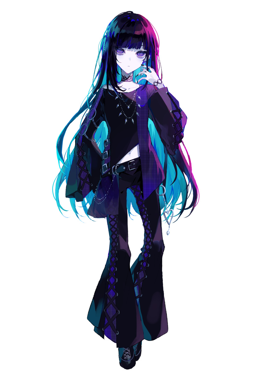 1girl, absurdres, belt, black_belt, black_choker, black_hair, black_nails, black_pants