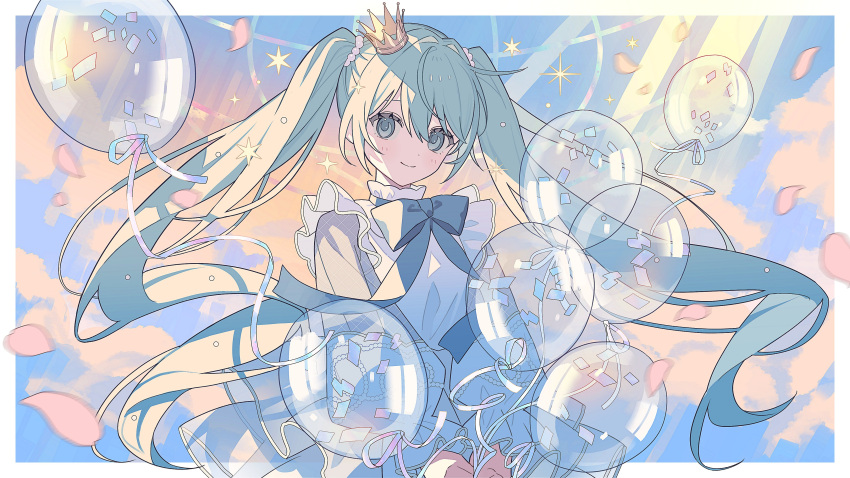 1girl, absurdres, balloon, blue_bow, blue_bowtie, blush_stickers, border, bow