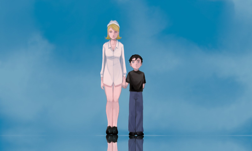 1boy, 1girl, black_hair, blonde_hair, blue_eyes, child, denim, flipped_hair