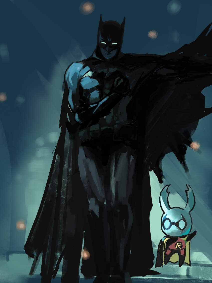 2boys, absurdres, animal_print, bat_print, batman, batman_(series), black_bodysuit, black_cape