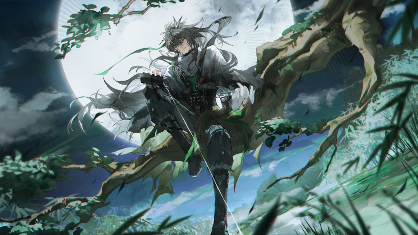 1boy, absurdres, black_boots, black_hair, black_pants, boots, cloak, closed_mouth