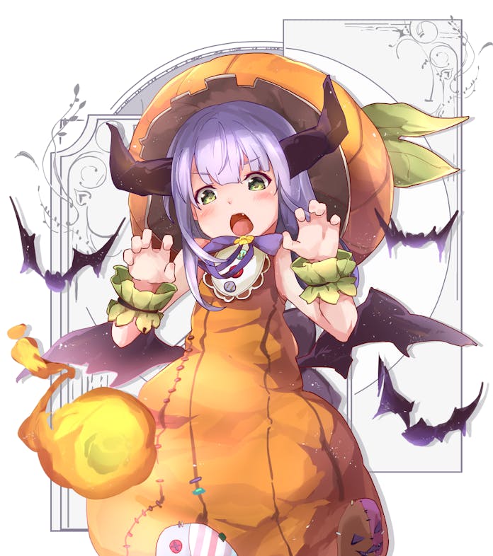 1girl, bat_(animal), commission, fireball, green_eyes, halloween, halloween_costume, kuro_ula, long_hair, looking_at_viewer, magic, open_mouth, paw_pose, pumpkin_costume, pumpkin_hat, relia_(star_ocean), skeb_commission, solo, star_ocean, star_ocean:_anamnesis, star_ocean:_integrity_and_faithlessness