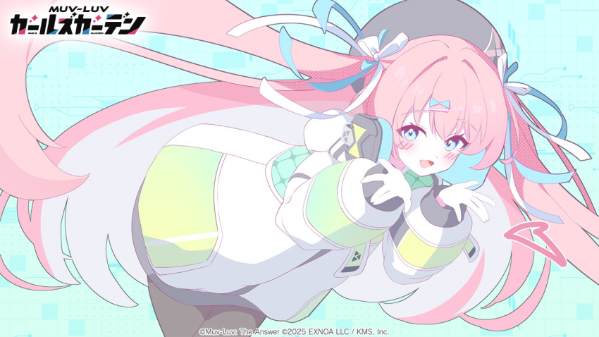 1girl, 2025, aqua_eyes, aqua_ribbon, artist_request, black_hat, black_pantyhose, blush