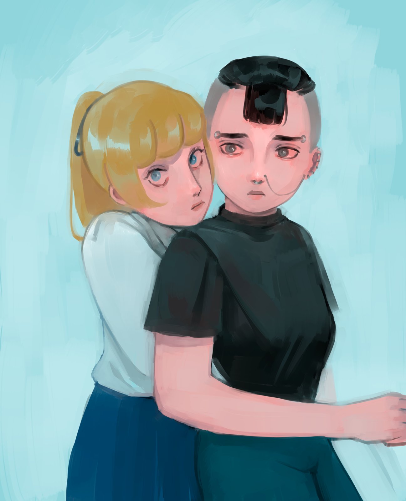 2girls, animification, black_hair, blonde_hair, blue_background, blunt_bangs, closed_mouth, ear_piercing