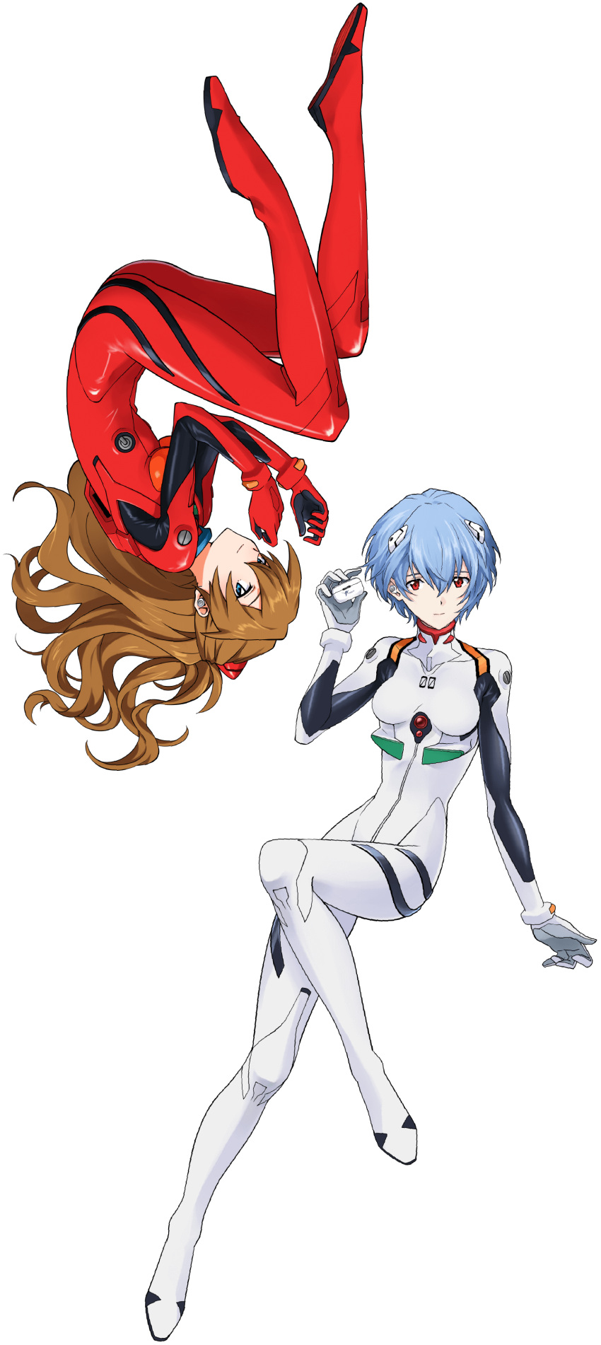 2girls, absurdres, artist_request, aviot, ayanami_rei, blue_hair, bodysuit, brown_hair, closed_mouth, highres, interface_headset_(evangelion), looking_at_viewer, mecha_pilot_suit, multiple_girls, neon_genesis_evangelion, official_art, plugsuit_(evangelion), red_bodysuit, red_eyes, simple_background, souryuu_asuka_langley, transparent_background, white_bodysuit, wireless_earphone_case, wireless_earphones