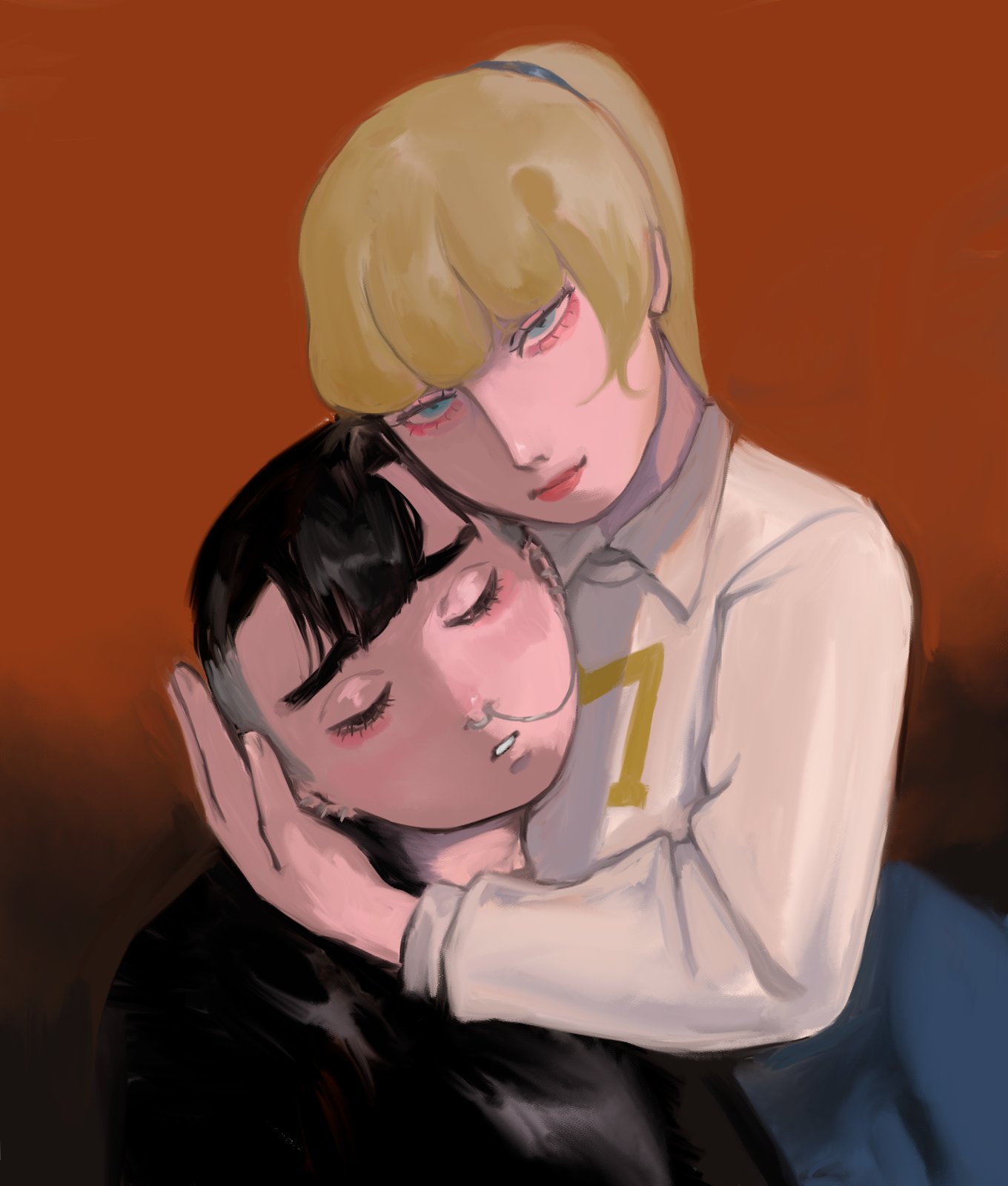 2girls, animification, black_hair, blonde_hair, blunt_bangs, closed_eyes, collared_shirt, earrings